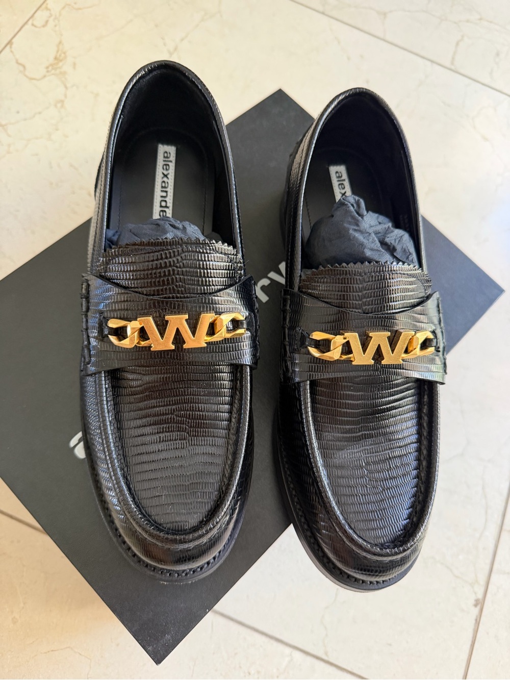 Alexander Wang Black Leather Loafers with Gold Logo Hardware